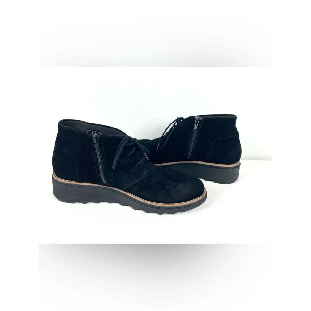 Clarks Sharon Hop Black Suede Booties Lace Zip Wedge Women 8 M